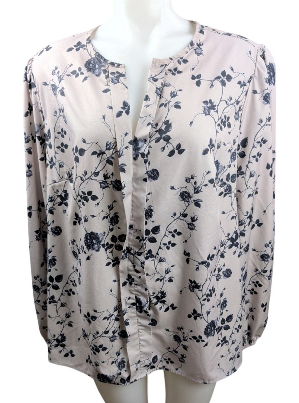 Women's Shein Plus 2XL Polyester Cream Black Roses Long Sleeve Officewear Blouse